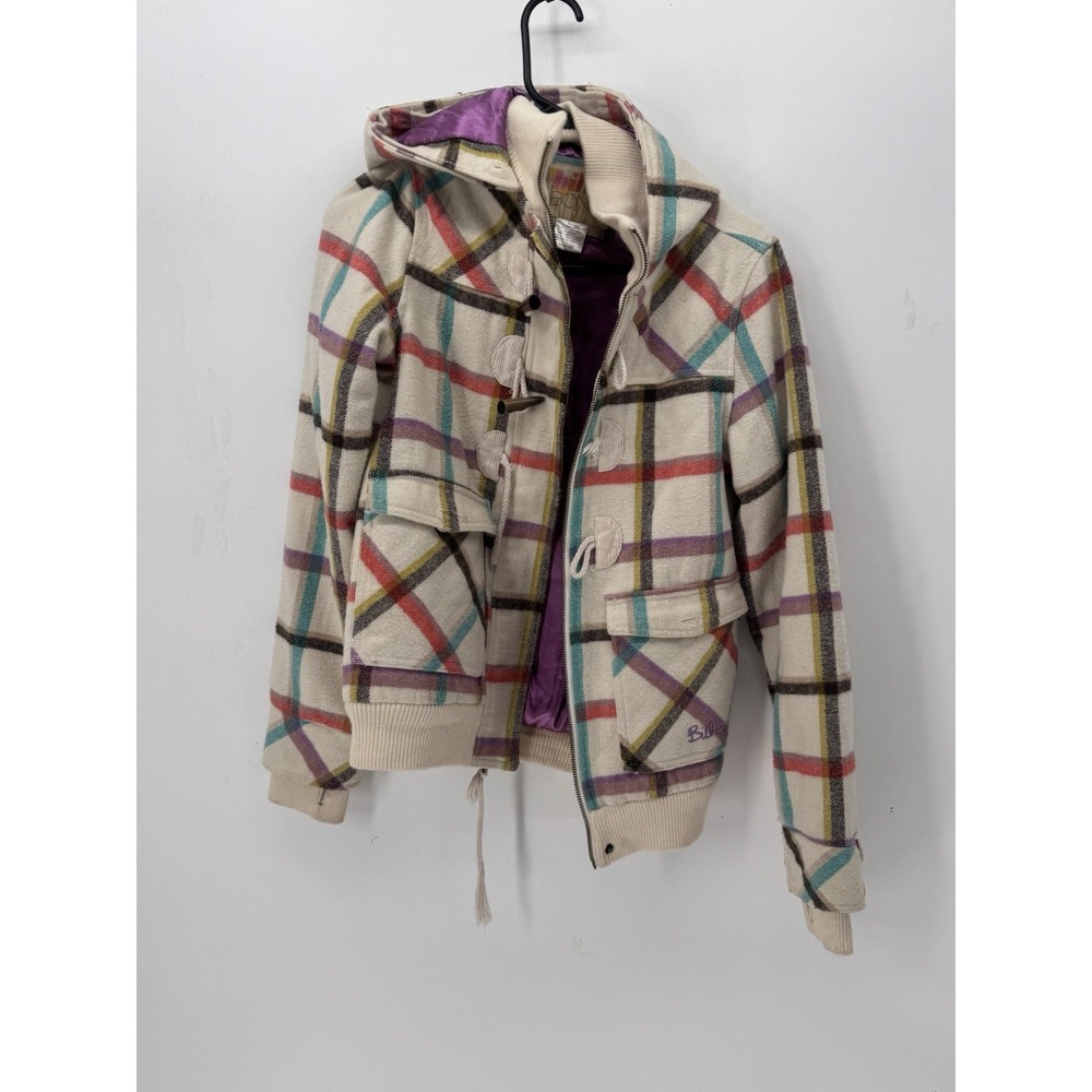BILLABONG Full Zip HOODED Wool Blend Plaid Patch Sleeve Coat Womens Size M Purpl